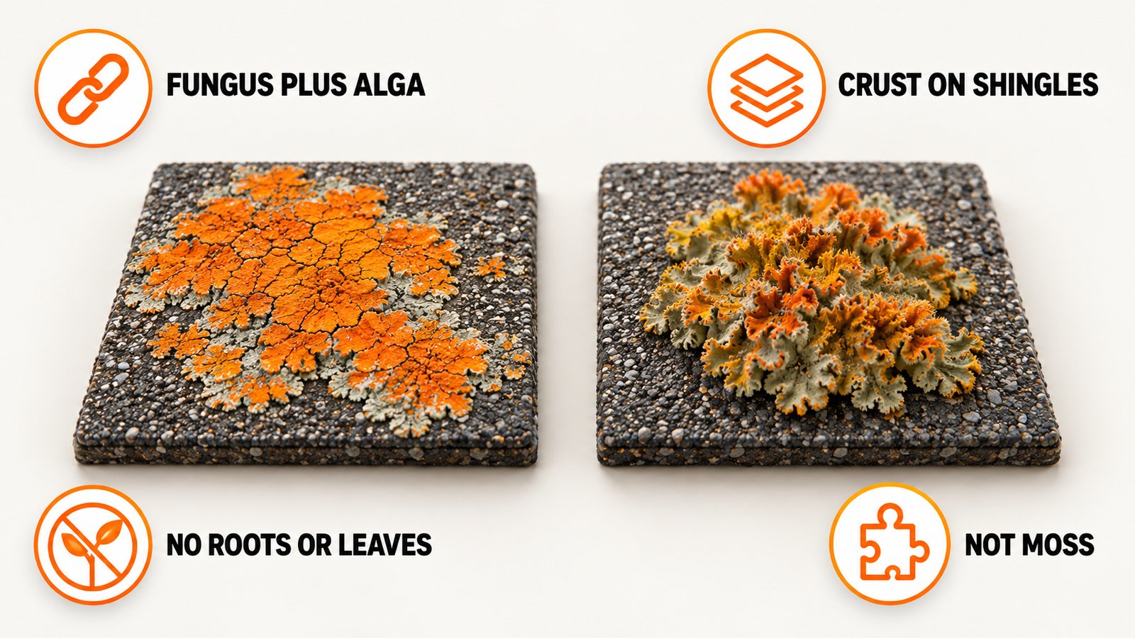A flat orange crust on a gray tile beside a fuzzy patch
