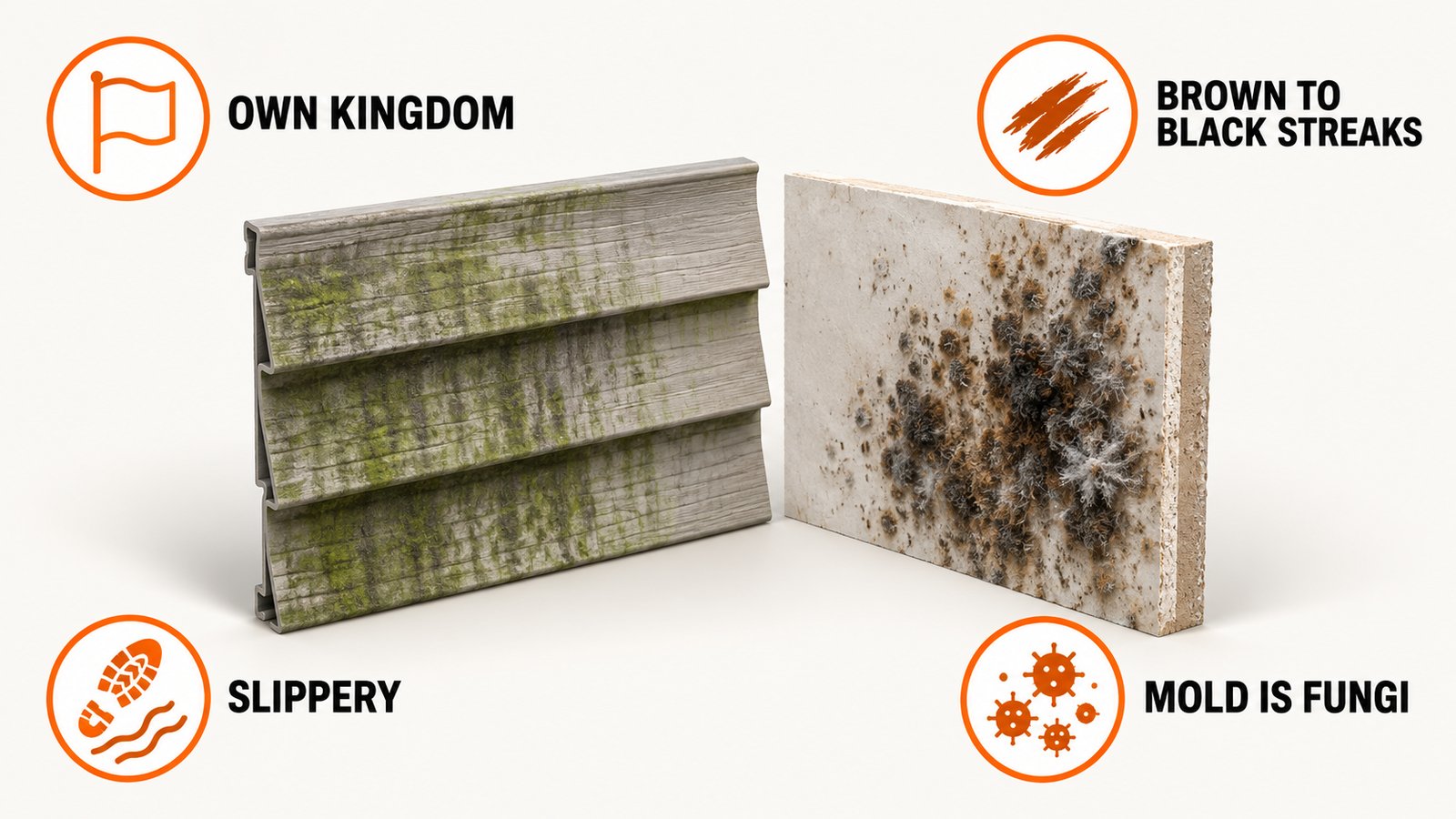 Green-streaked siding board beside a fuzzy patch on drywall