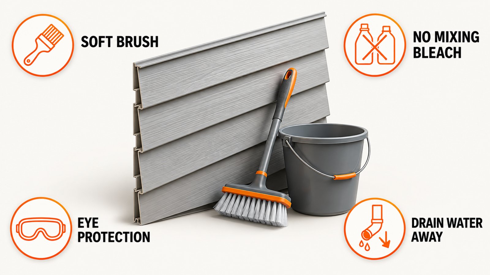 House siding wall with a soft brush and a bucket