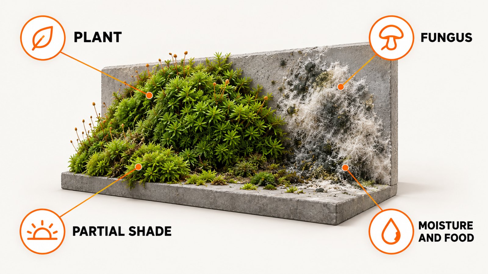 A cushion of moss next to a fuzzy mold patch on a wall panel