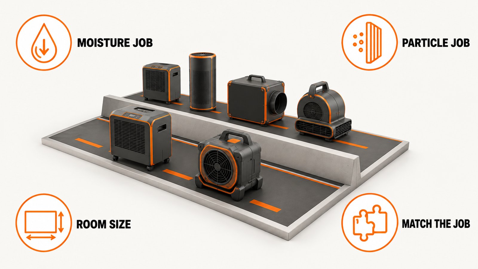 Dehumidifiers and purifiers compared by job, coverage and where each belongs
