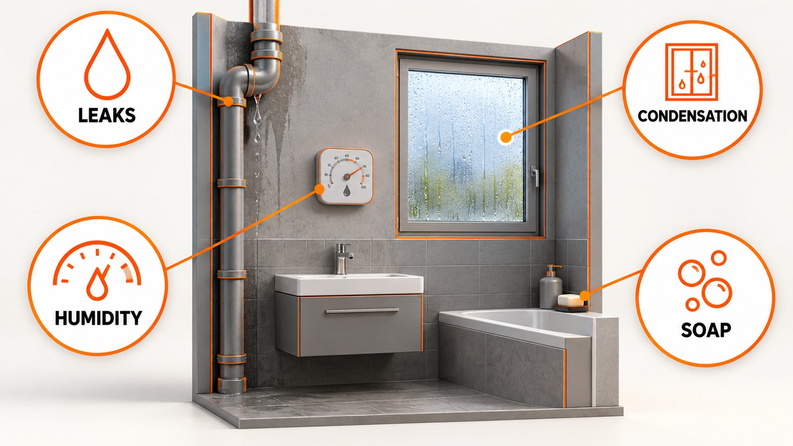 Moisture sources in a bathroom and basement that feed reddish growth