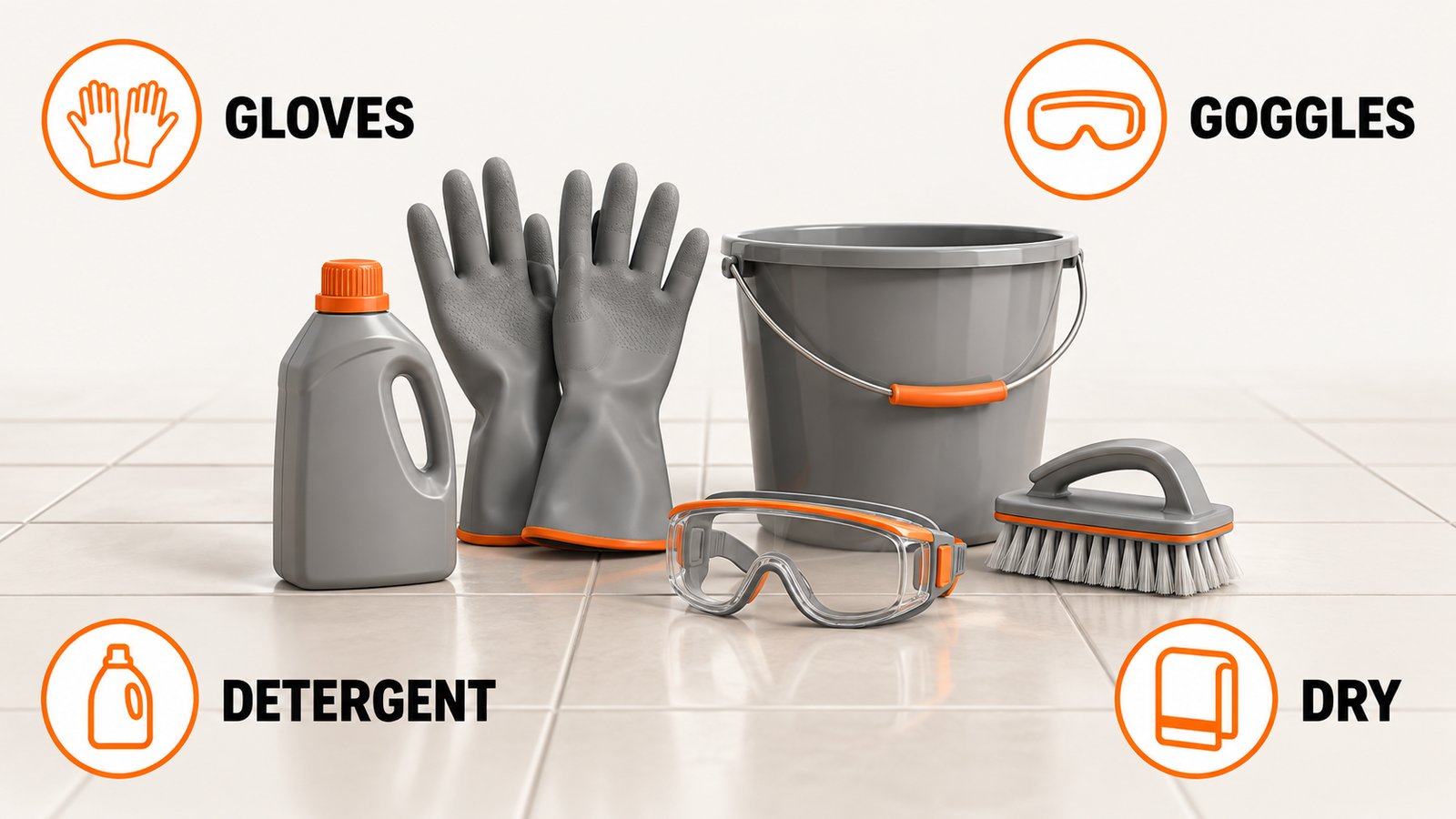 Cleaning supplies and protective gear laid out beside a clean tile wall
