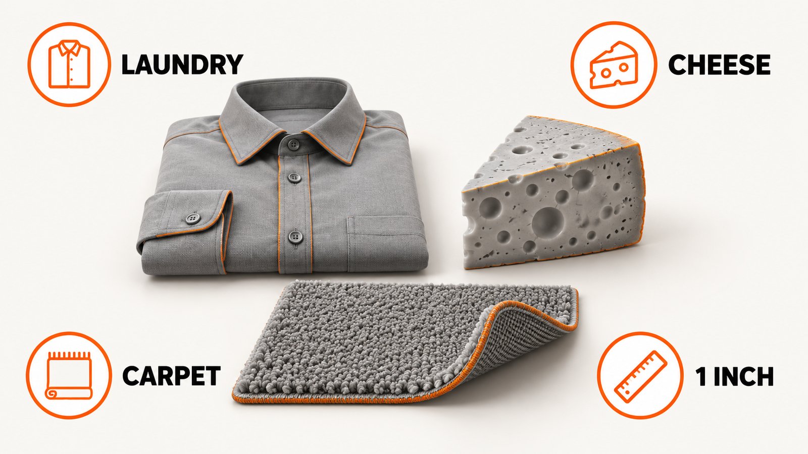 Damp laundry, a block of cheese, and carpet edge, each with a small reddish patch