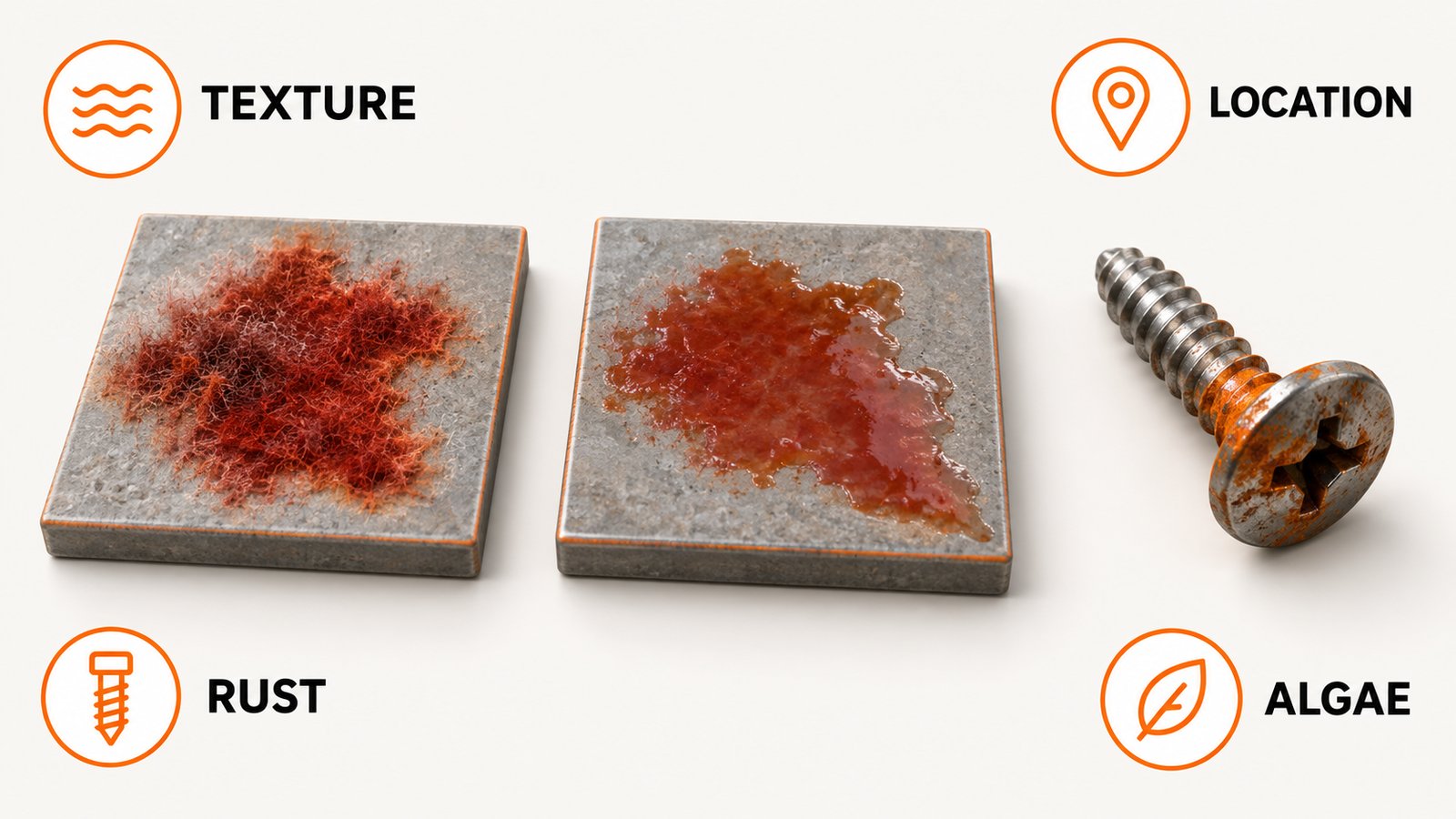 Comparison of mold, bacterial film, rust, algae, and iron bacteria by texture and location