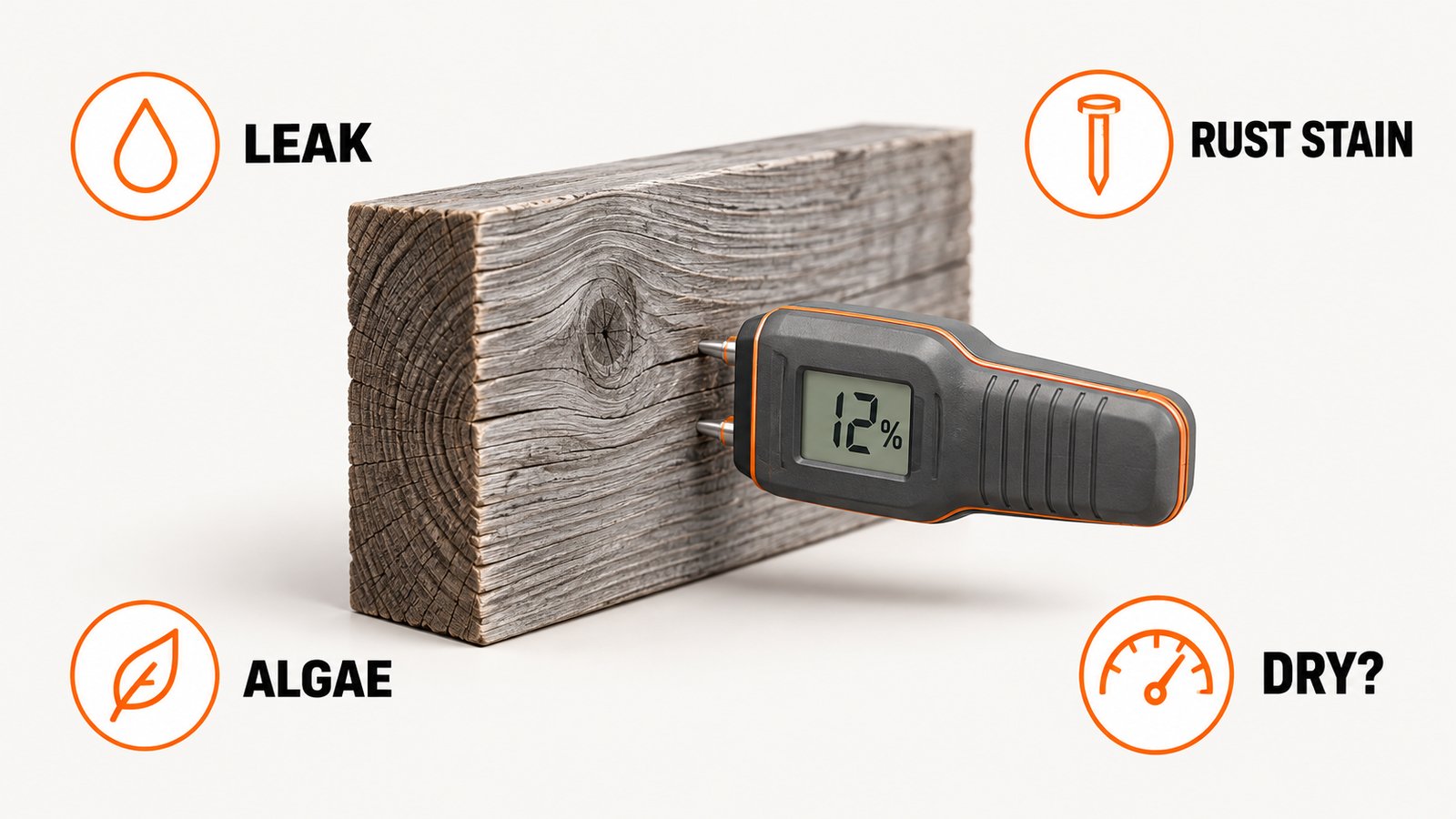 Damp wood framing and deck board with a reddish stain and a moisture meter
