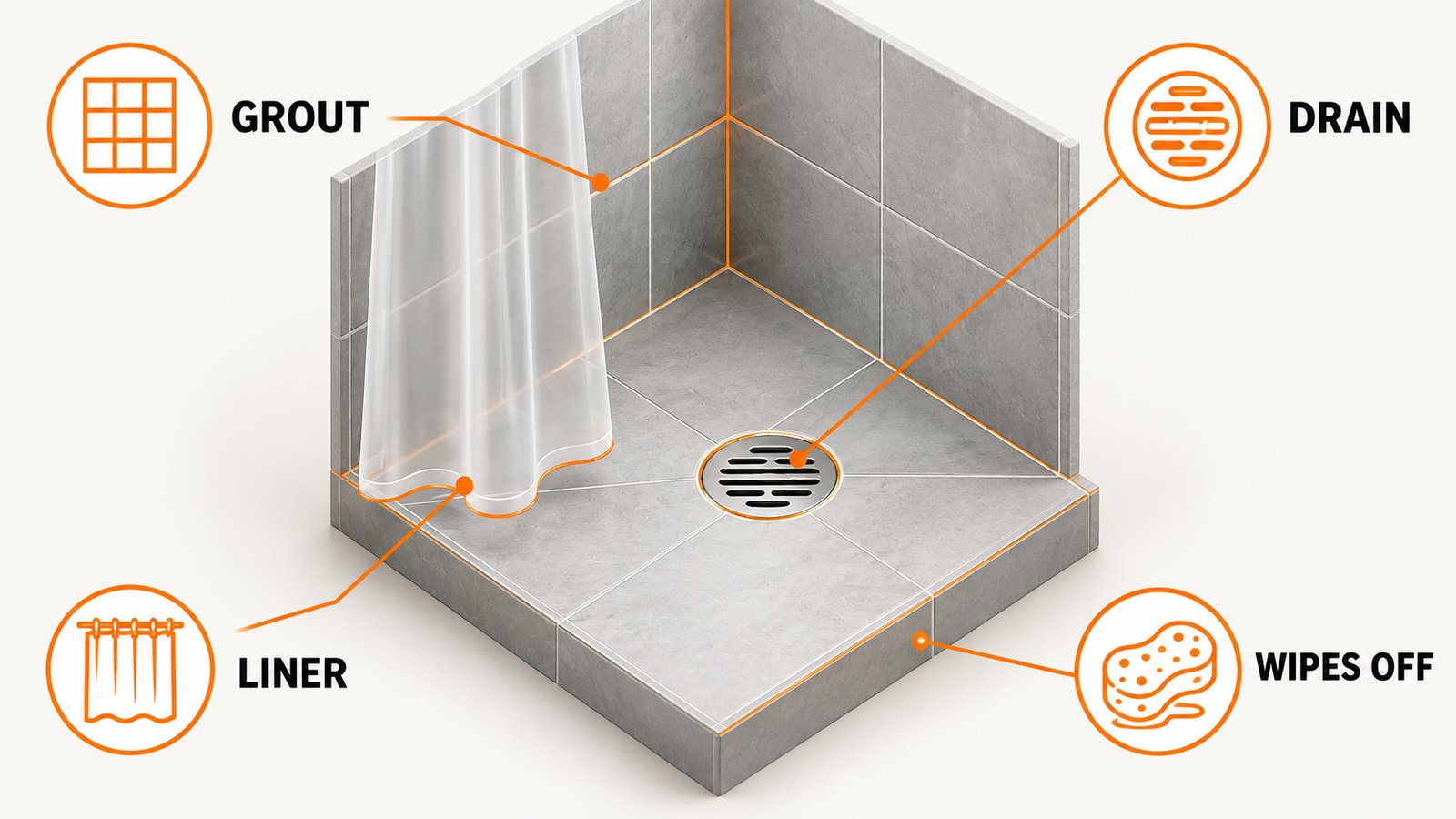 Shower corner with grout, drain, and curtain liner where a reddish film collects