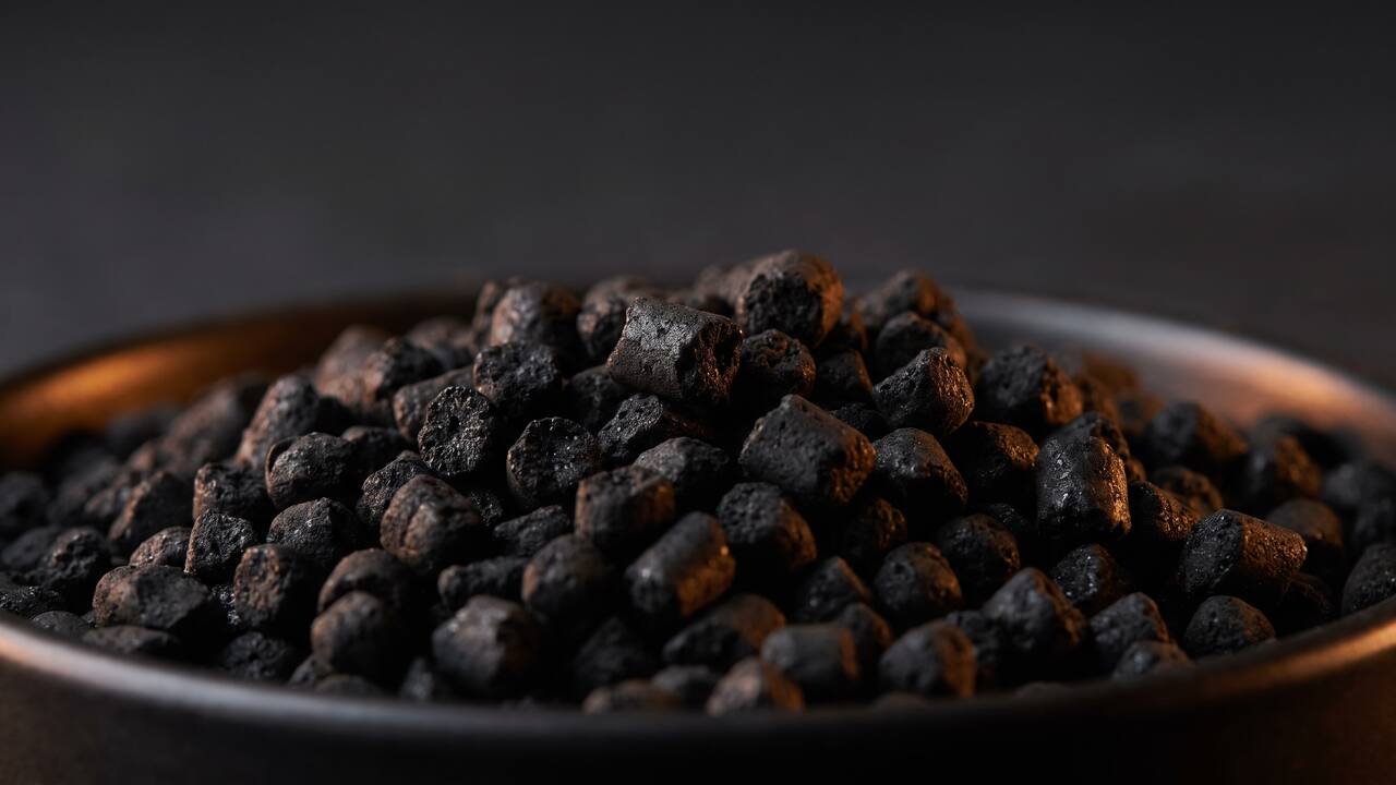 Close-up of granular activated carbon media, the adsorption bed that captures chemicals and VOCs
