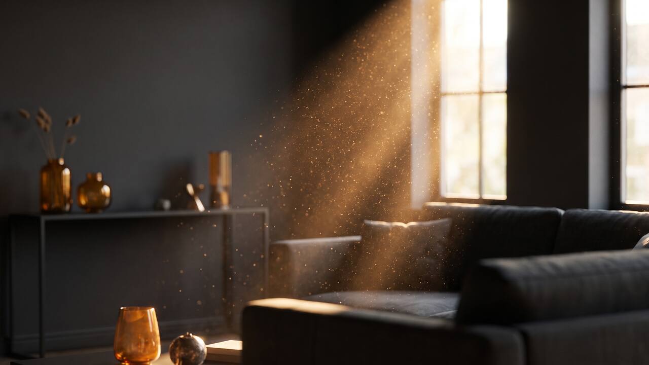 Airborne mold spores and fine dust particles suspended in a shaft of light in a modern living room