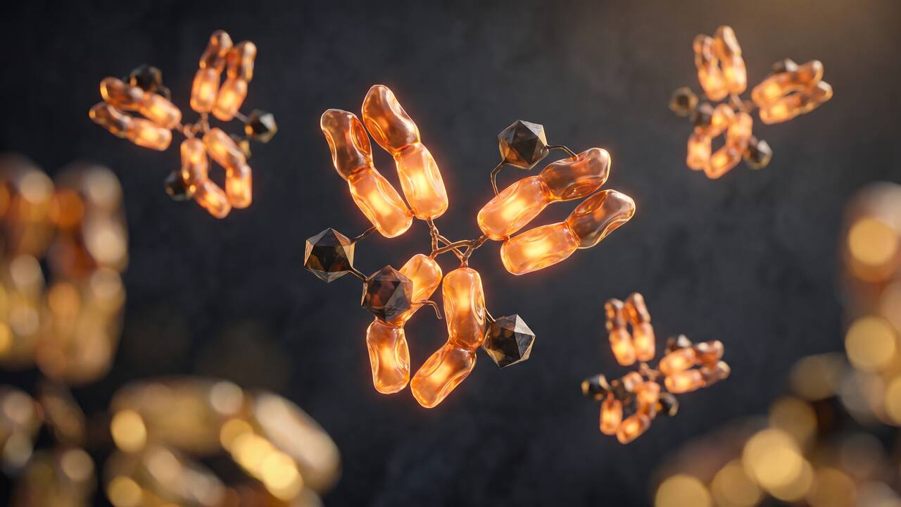 Abstract visualization of antibodies binding to mycotoxin molecules