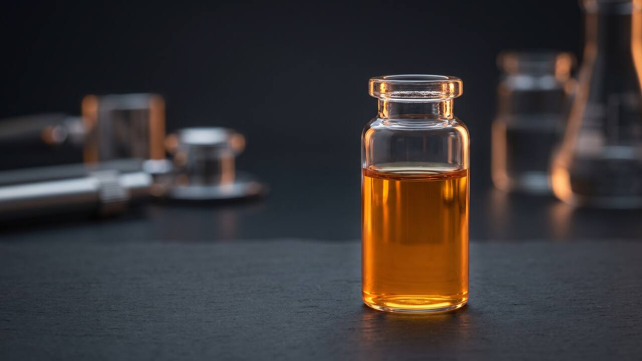 A vial of blood serum on a lab bench, the sample type used by the MyMycoLab mycotoxin antibody test