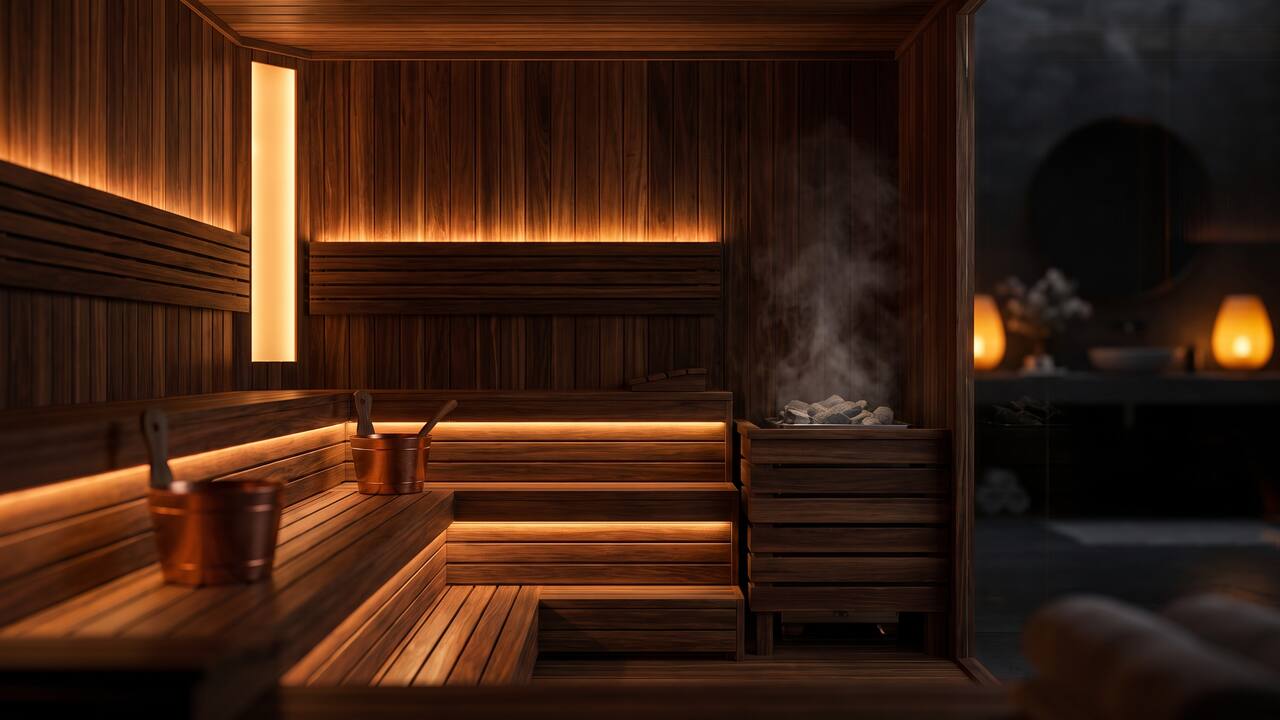 Warm, empty infrared sauna cabin interior in cedar tones with soft glowing light