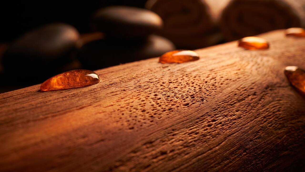 Close-up of cedar wood grain with warm infrared light glow and water droplets
