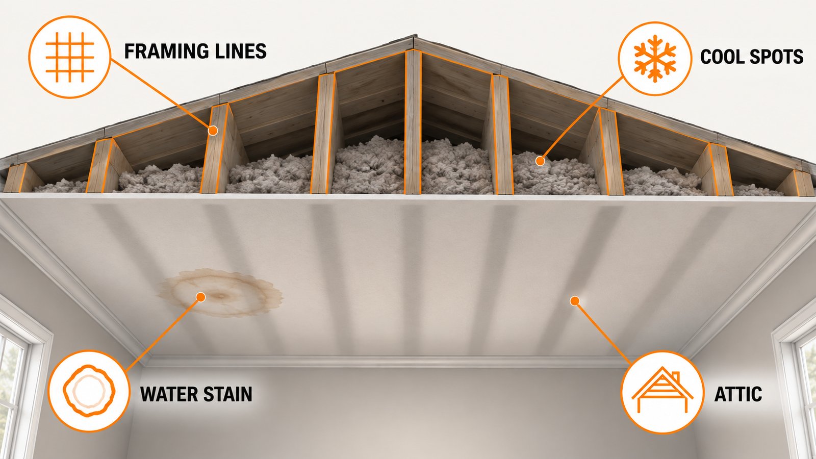 Dark stripes on a ceiling that line up with the joists above