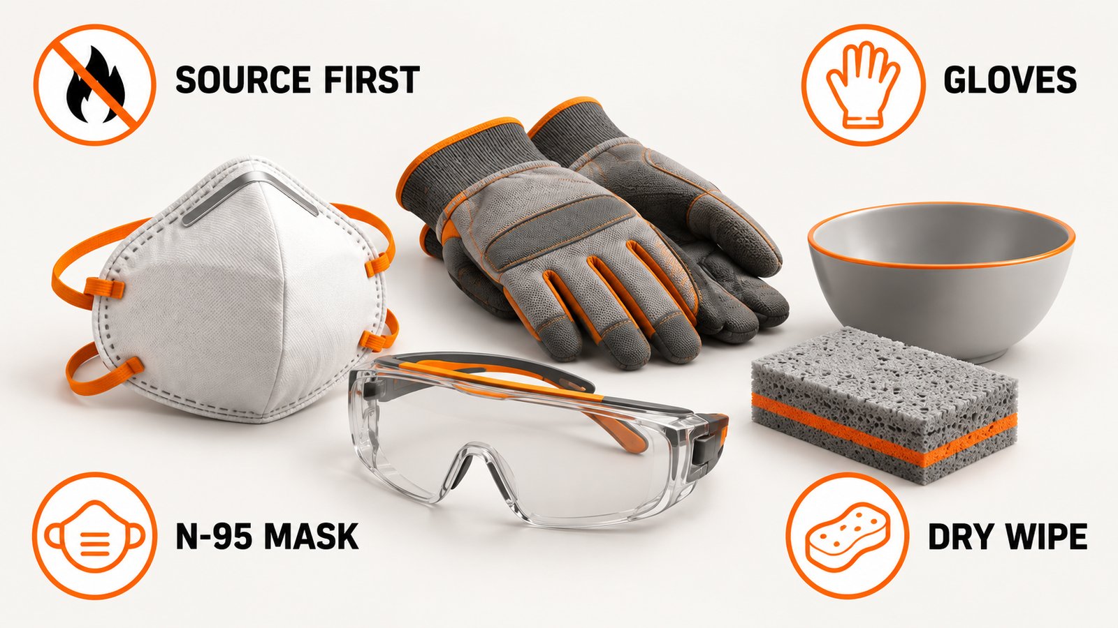 Gloves, a mask, goggles and a dry sponge laid out beside a wall