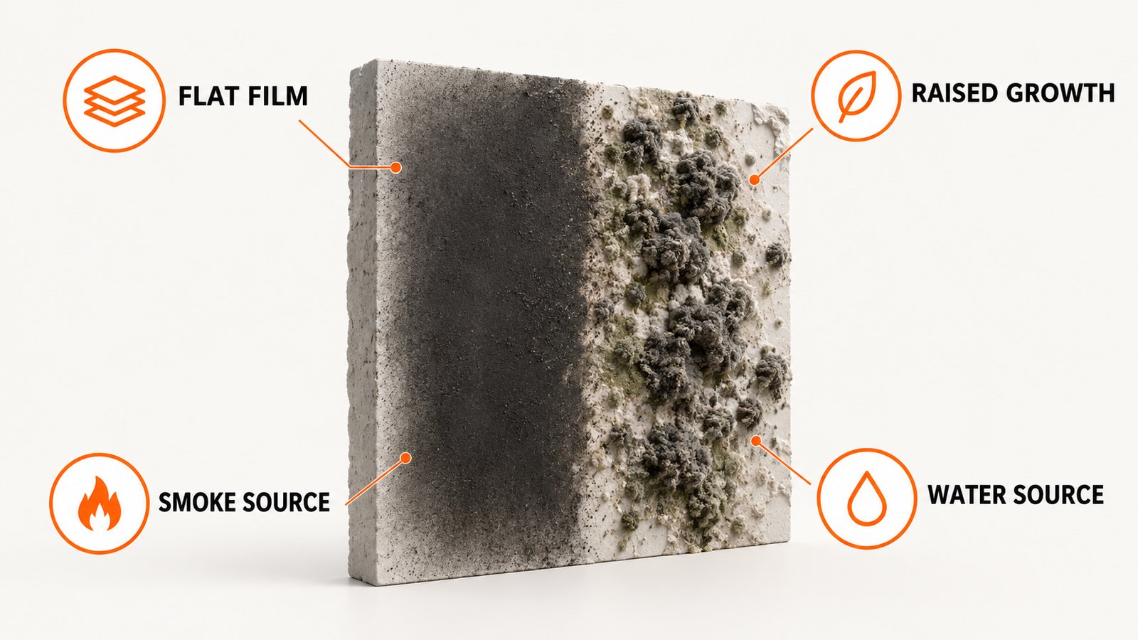 Black mold and soot compared side by side on a wall