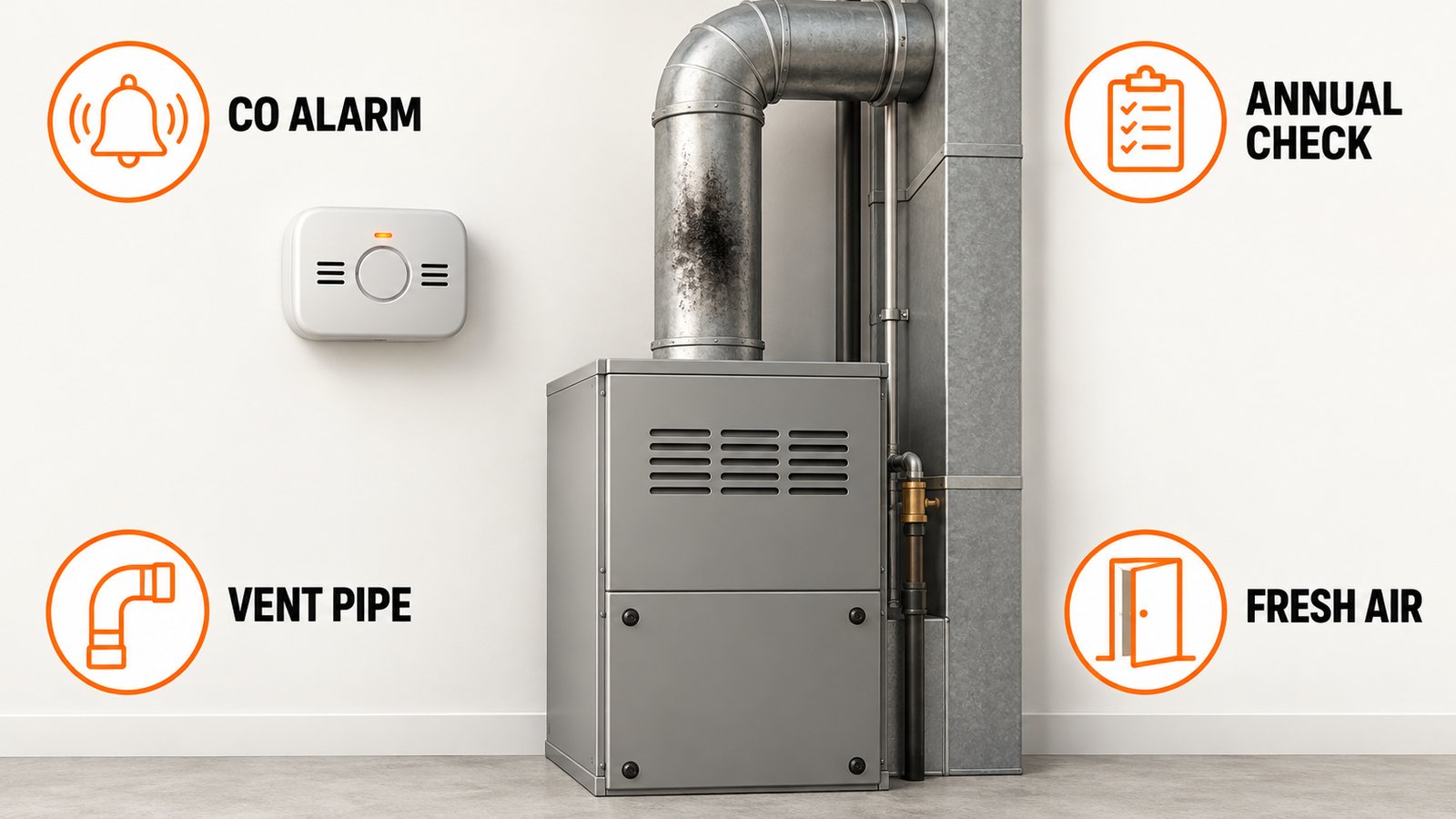 A carbon monoxide alarm on a wall near a furnace with dark marks