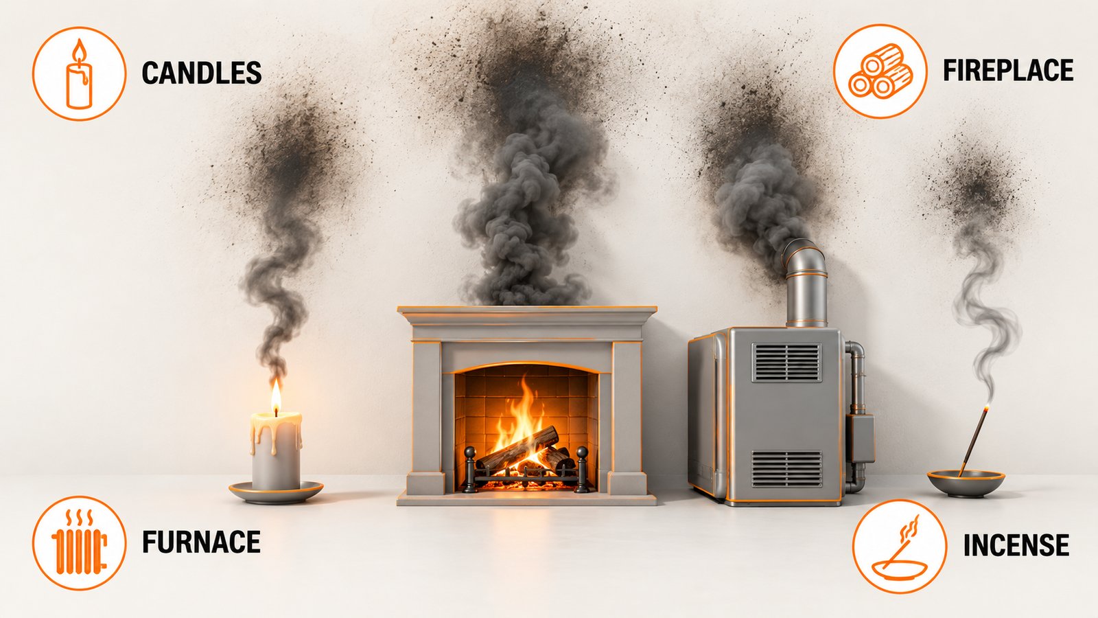 Candles, a fireplace and a furnace as sources of indoor soot