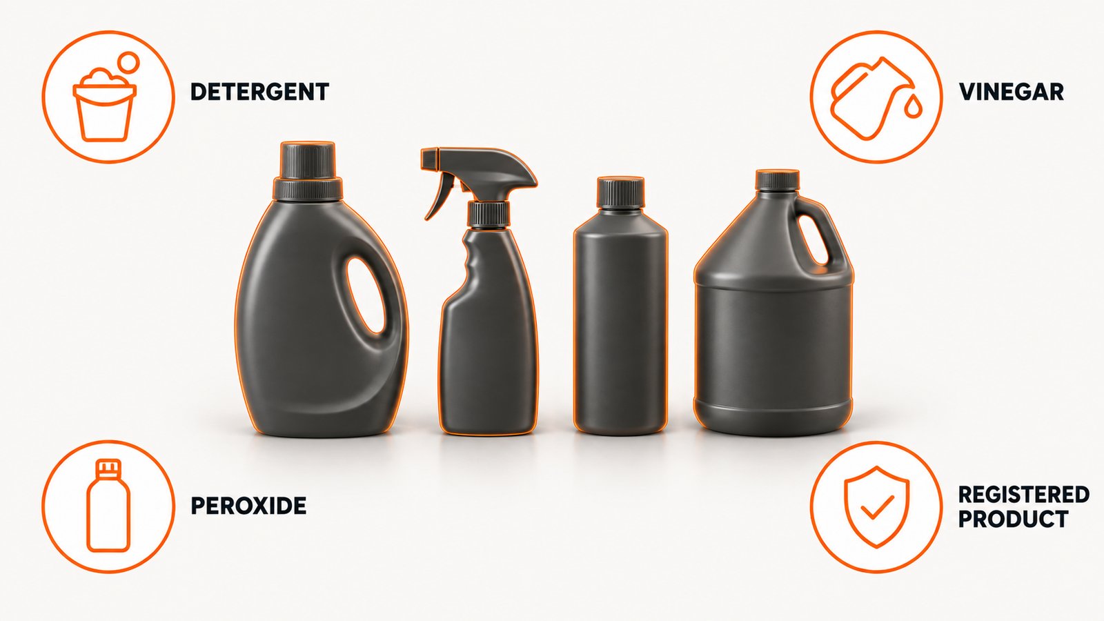Five household and registered options for cleaning a small hard surface, compared