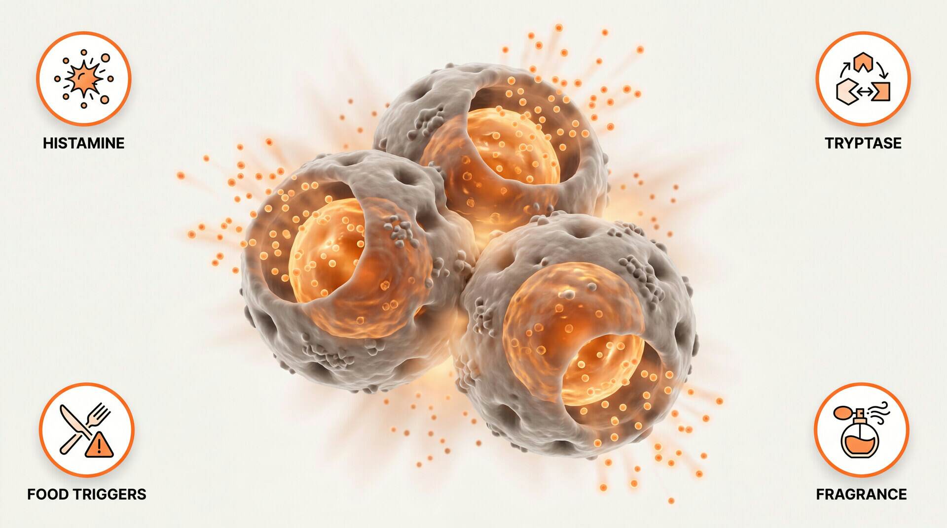 MCAS mast cell mechanism: histamine, tryptase, food triggers, fragrance