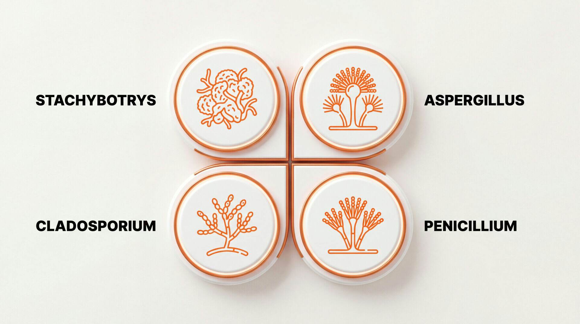 The four mold species you encounter most: Stachybotrys, Aspergillus, Cladosporium, Penicillium