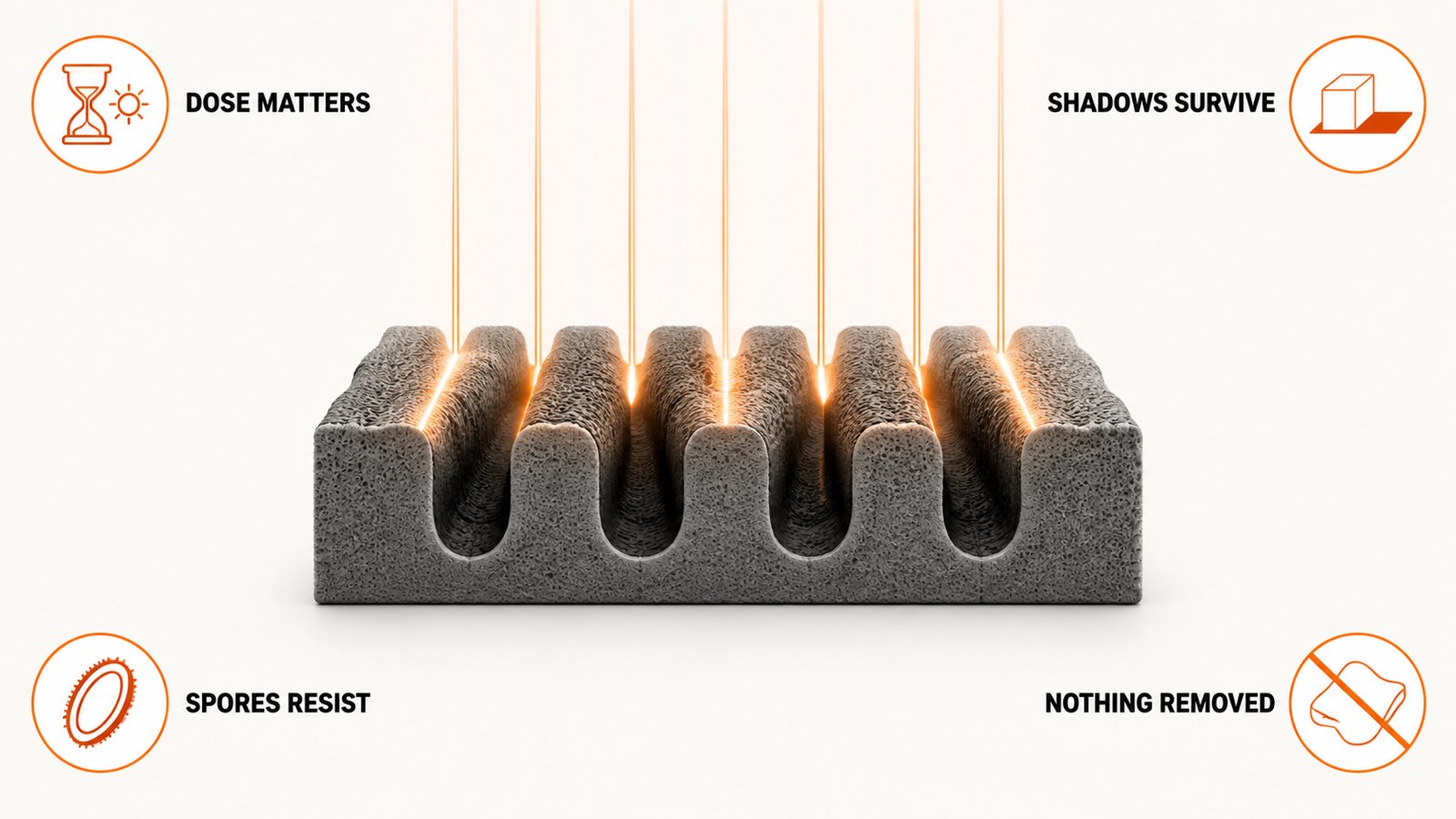 Straight light rays arriving on a textured surface and leaving the pits between ridges in shadow