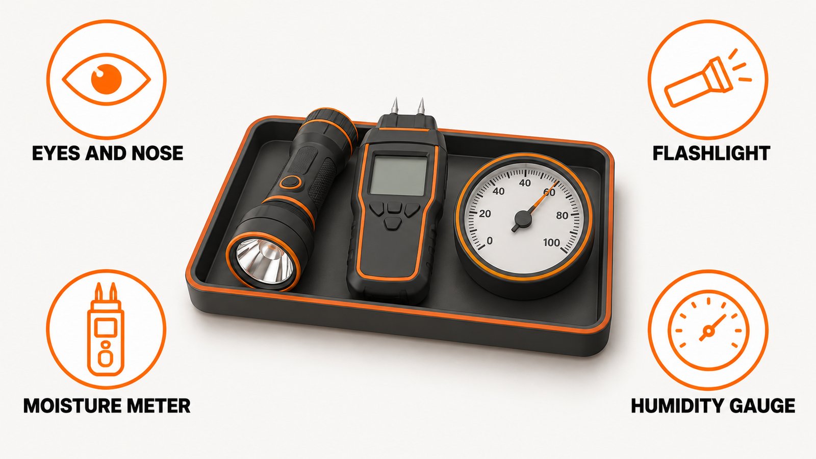 A tray holding a flashlight, a handheld moisture meter, and a round humidity gauge