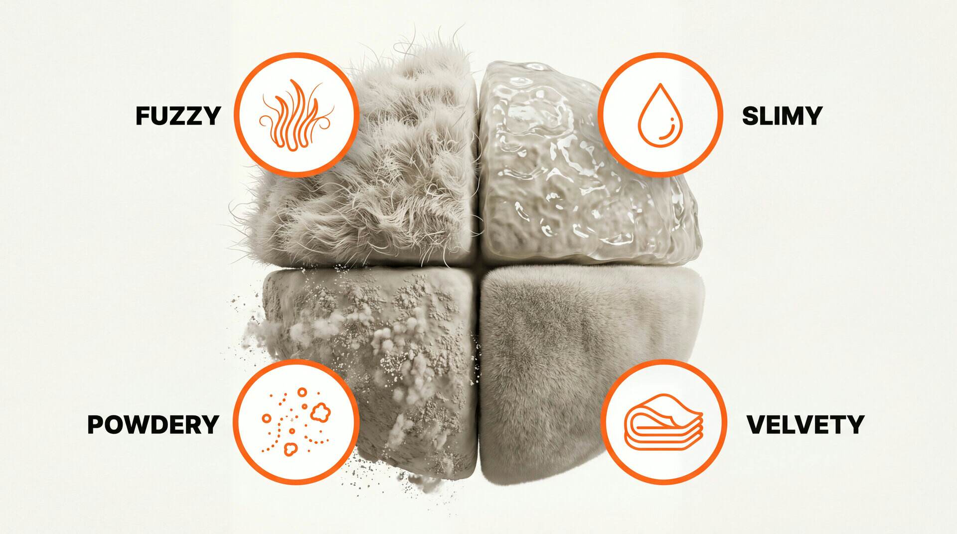 Mold textures: fuzzy, slimy, powdery, velvety