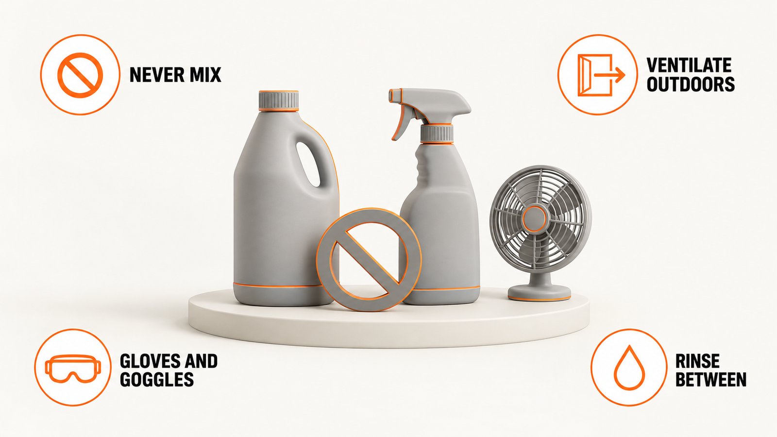Two cleaning bottles with a prohibition symbol between them and a fan