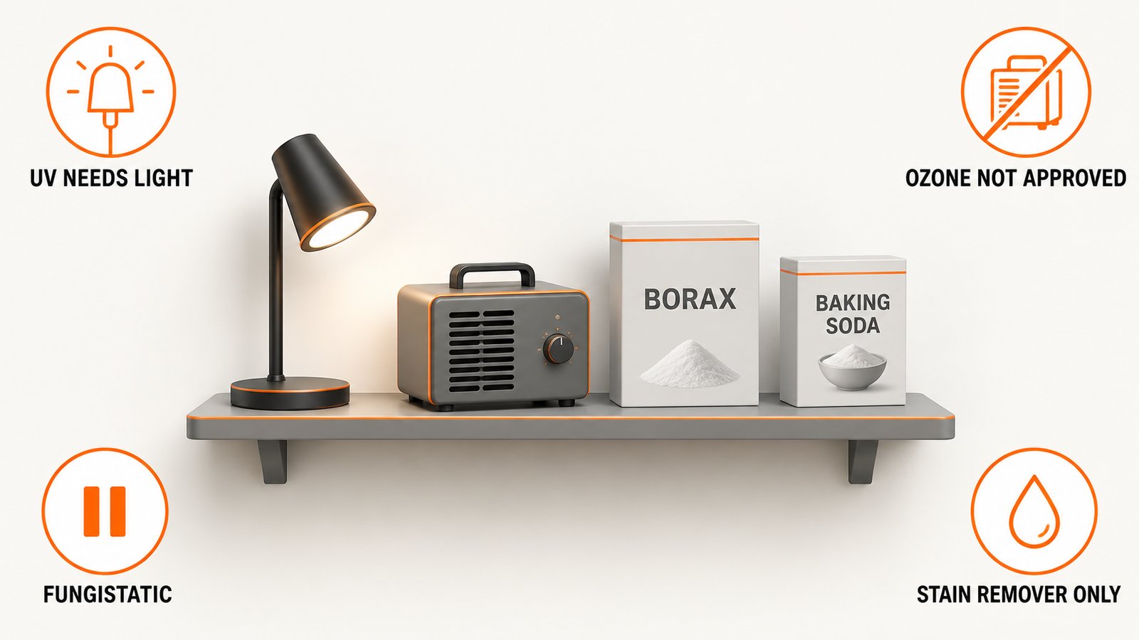 Black light lamp, ozone machine, box of borax and box of baking soda on a shelf