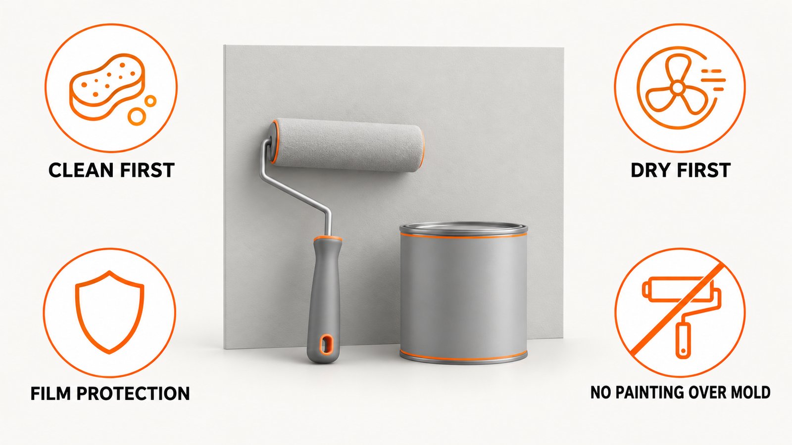 Paint roller and a primer can beside a clean dry wall section