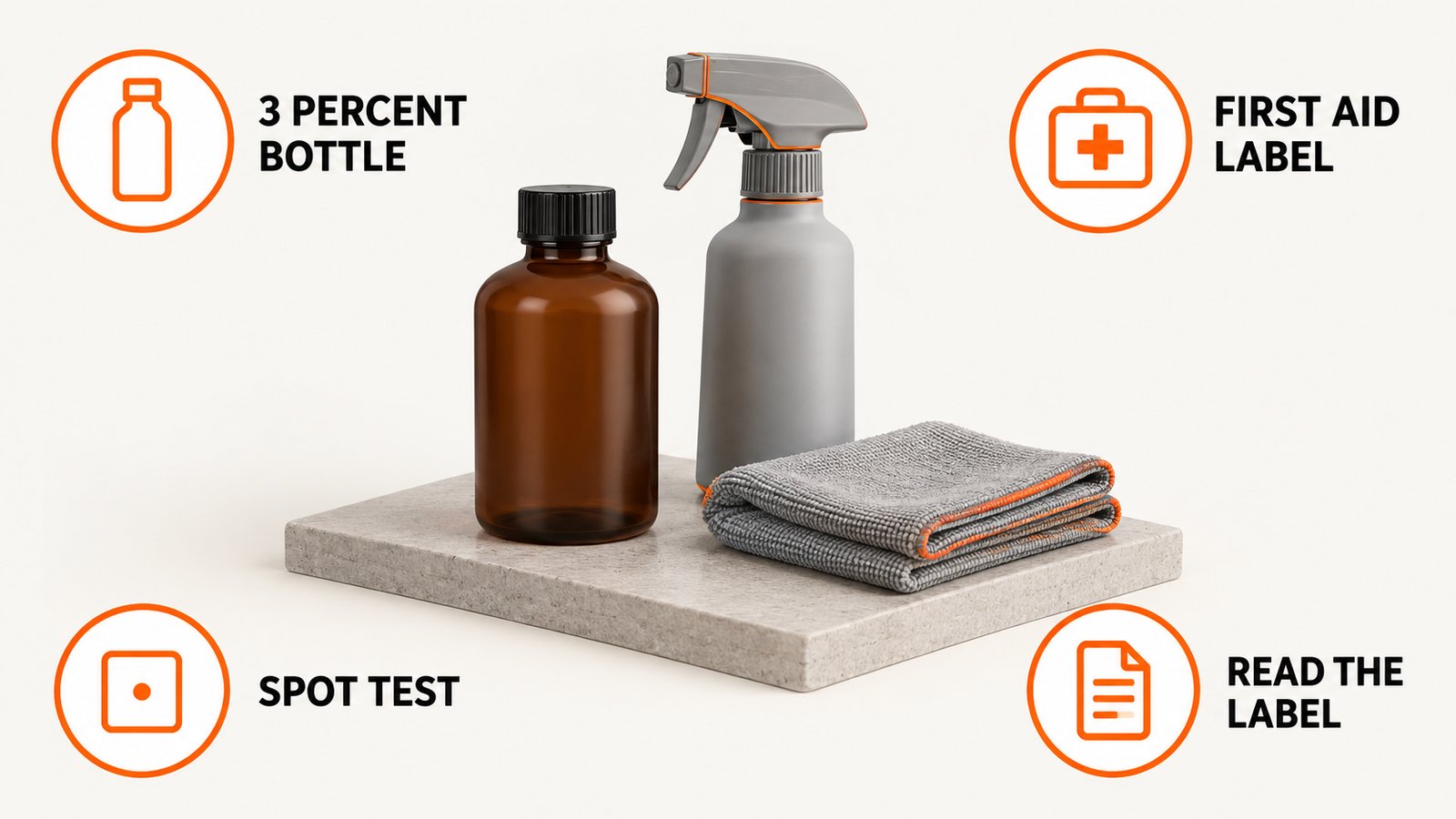 Brown drugstore bottle of hydrogen peroxide beside a spray bottle and a cloth