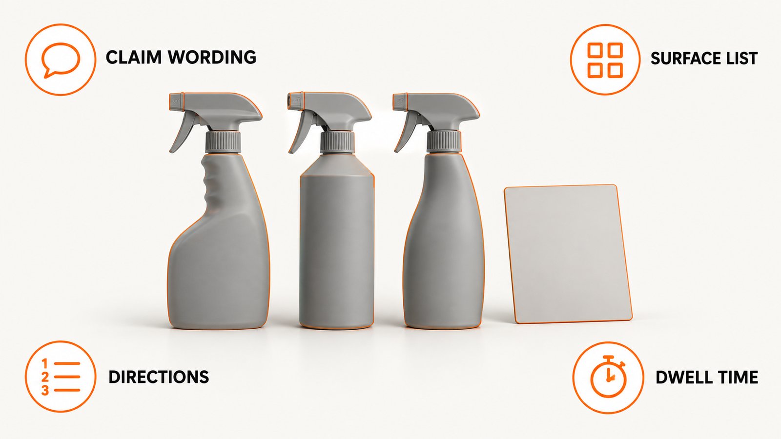 Three spray bottles in a row with a label card beside them