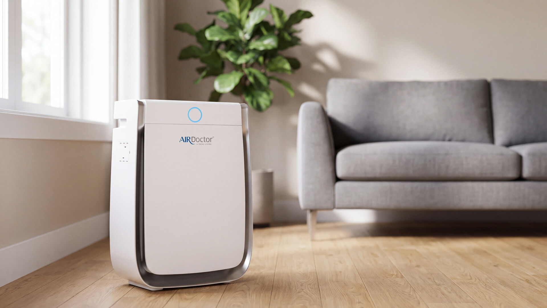 AirDoctor 3500 air purifier running in a bright living room
