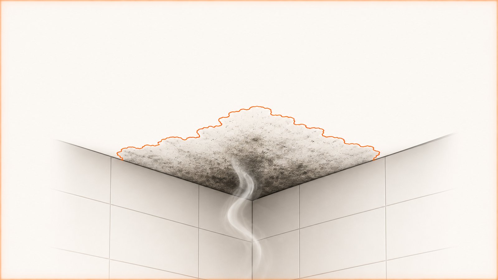 Dark growth spreading across a bathroom ceiling in the corner above a shower