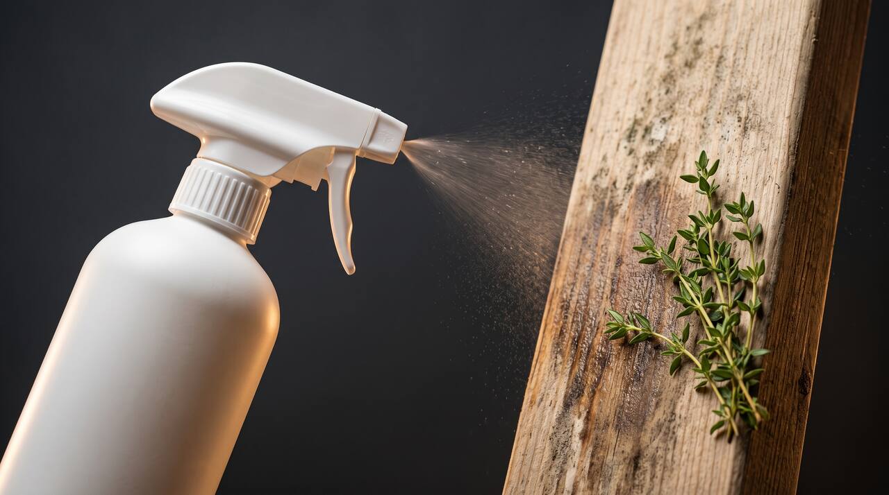 A botanical disinfectant spray treating mold staining on a wooden stud, with sprigs of thyme nearby