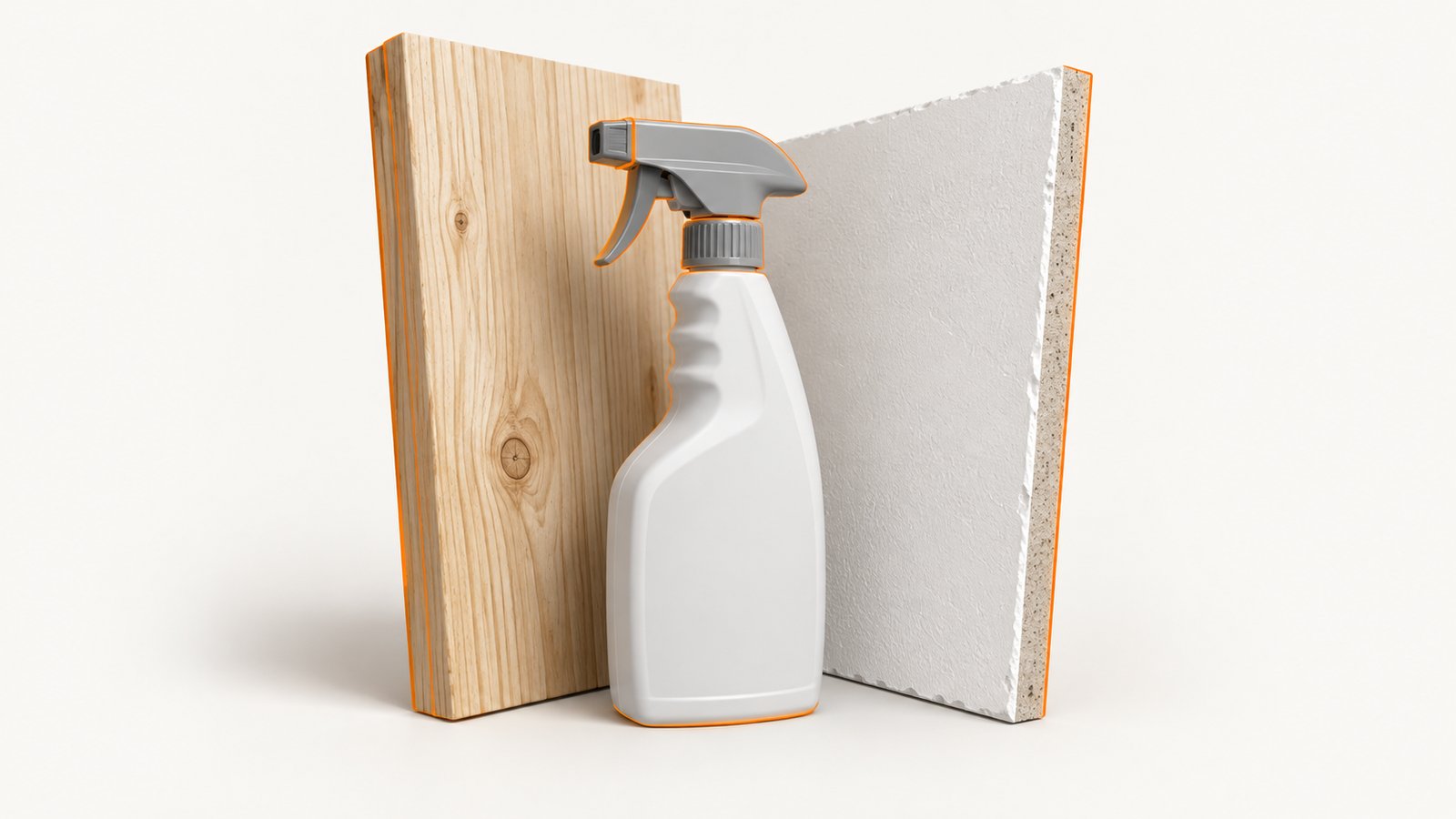 Mold control spray bottle beside a raw wood board and a section of painted drywall