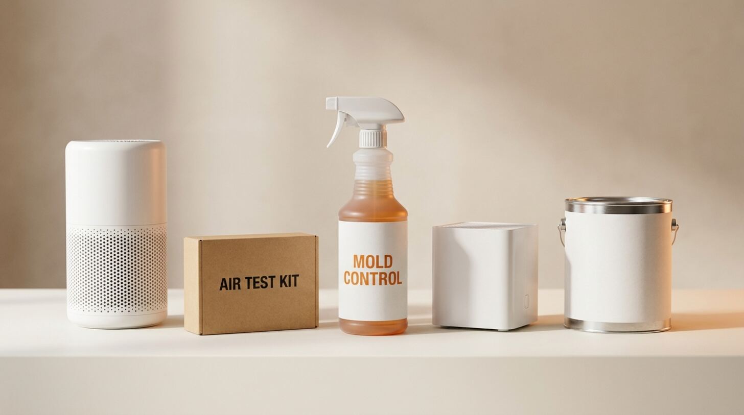 The best mold products of 2026 arranged by category: removal spray, test kit, air purifier, dehumidifier, and prevention paint