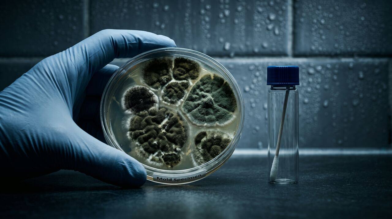 A home mold test kit box open on a kitchen counter next to a sample swab