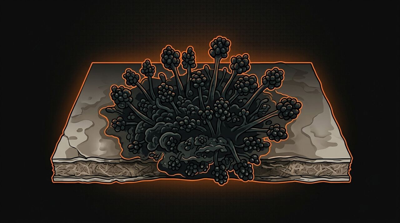 Black mold colony spreading across gypsum drywall with visible colony morphology