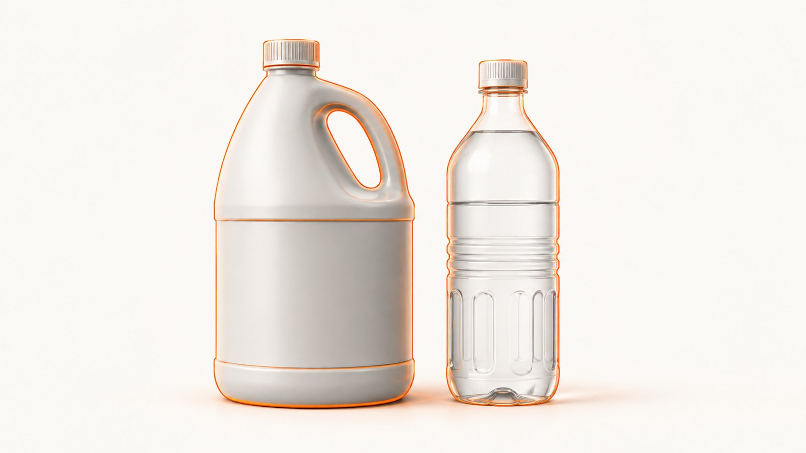 A bottle of chlorine bleach and a bottle of white vinegar standing side by side on a work surface