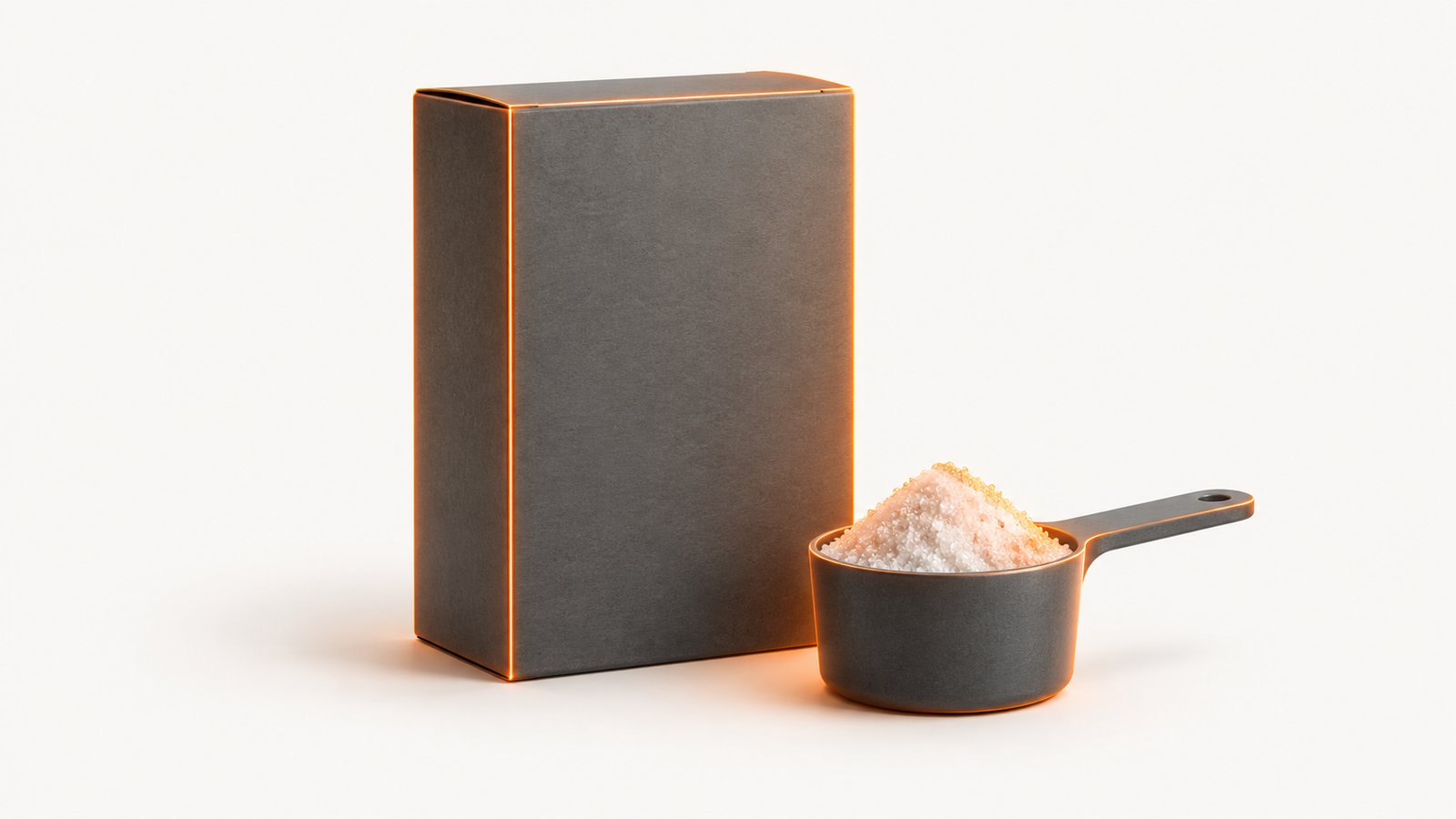A plain carton of powder beside a measuring scoop holding fine crystals