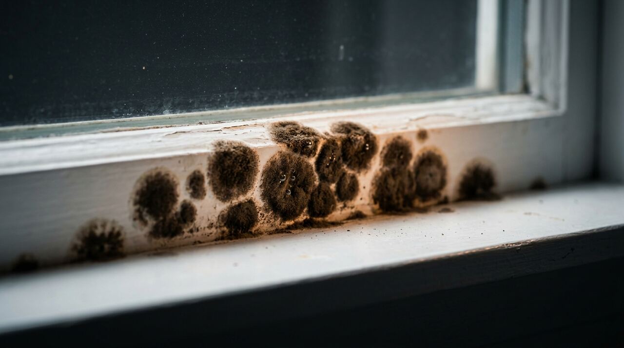 Brown mold growth on a damp wood surface