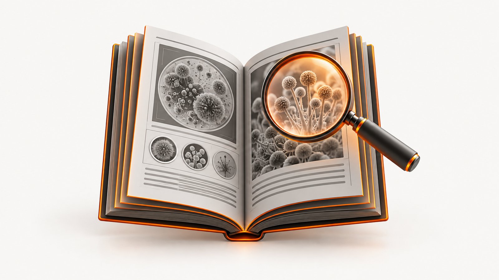 An open reference book with a magnifier hovering above one page