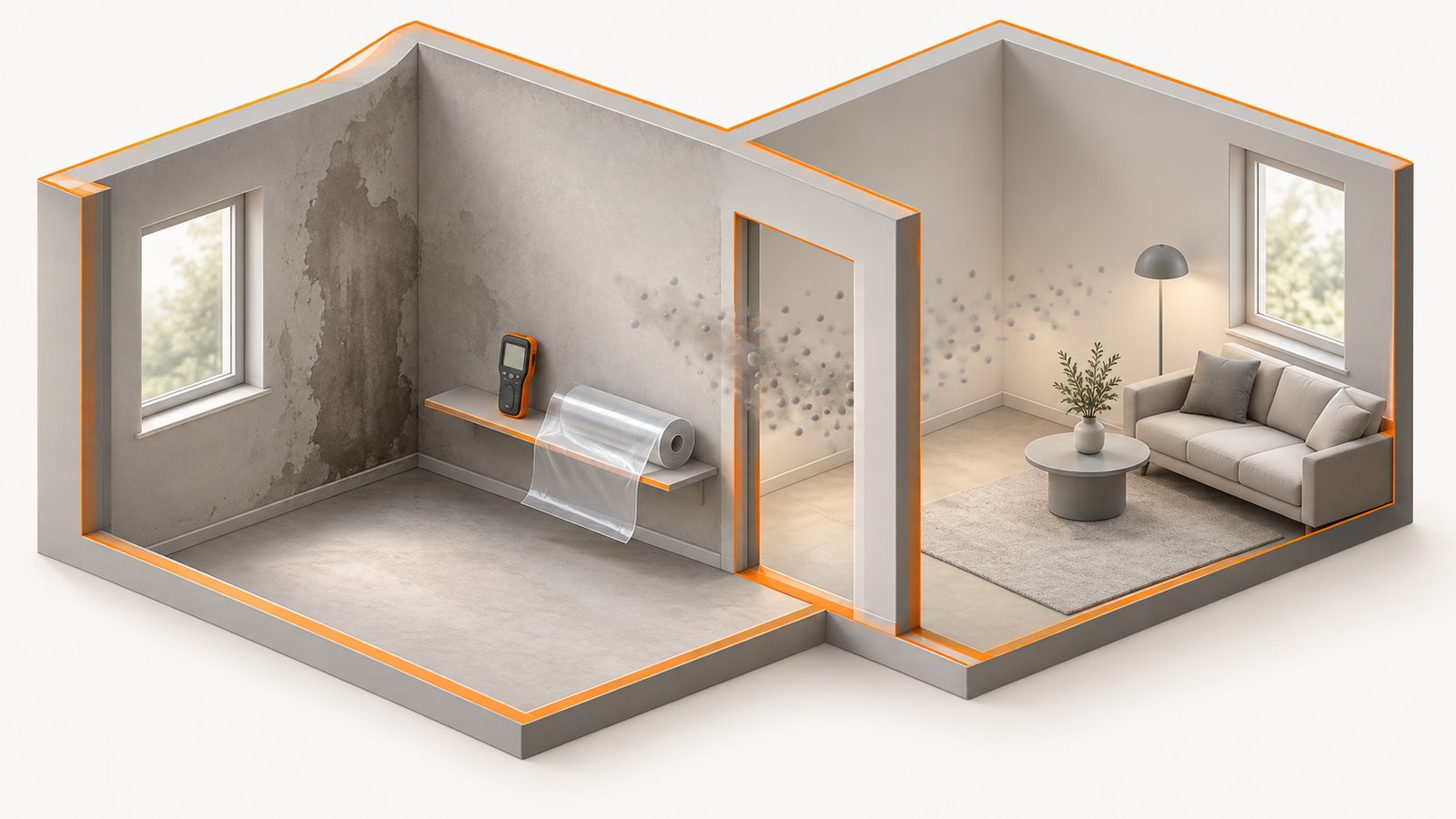 Mold spores drifting from a damp wall toward other rooms of a house