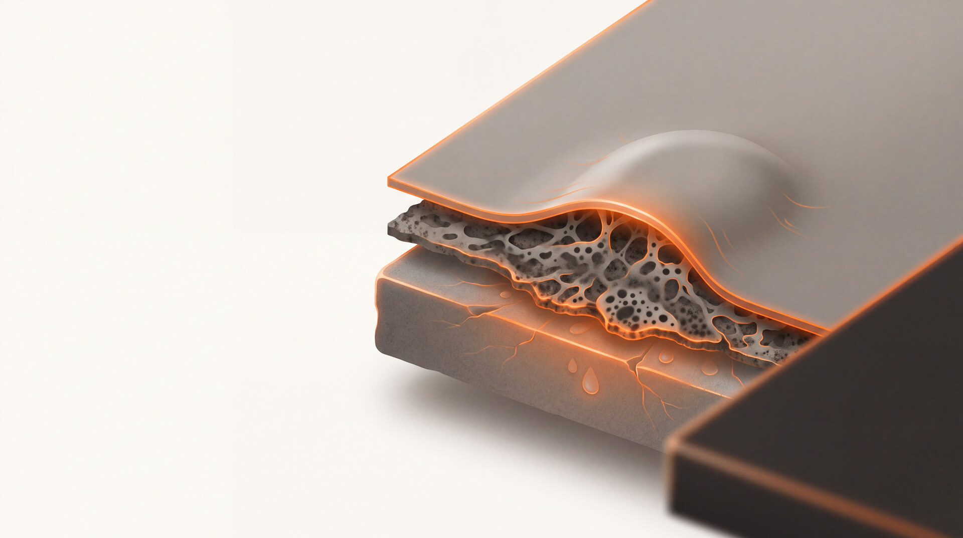 Cut-away of a painted wall showing three layers: the paint film on top, a live mold colony trapped beneath it, and damp substrate below, with the colony pushing the paint into a blister
