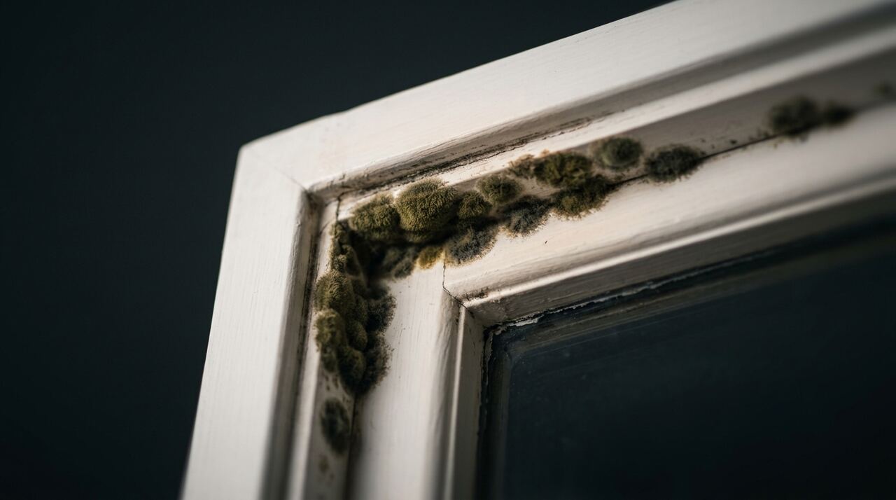 Cladosporium mold growth along a window frame, olive green to dark brown