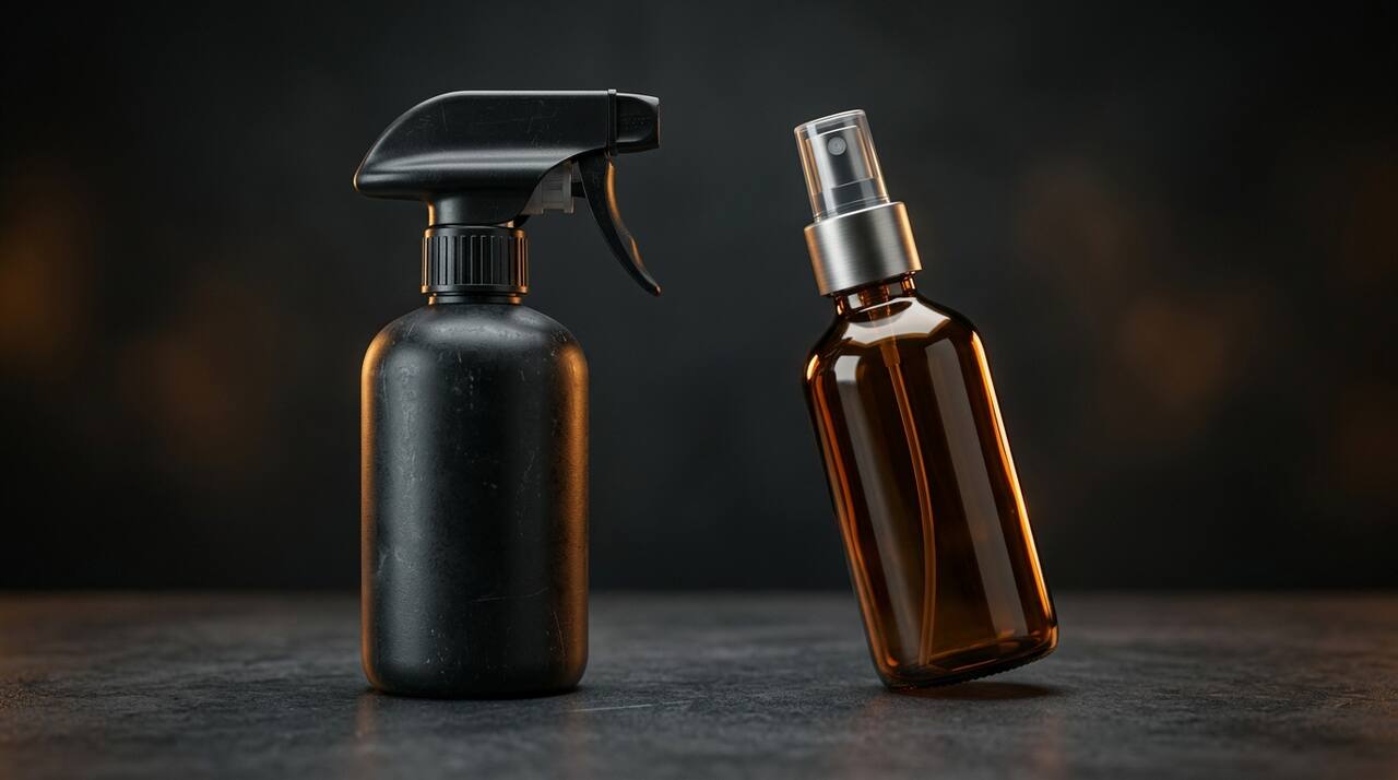 Concrobium Mold Control and Mold Armor spray bottles side by side on a workbench