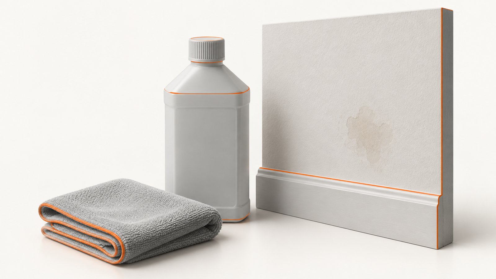 A bottle of rubbing alcohol beside a cloth and a small painted wall section with a faint mold stain
