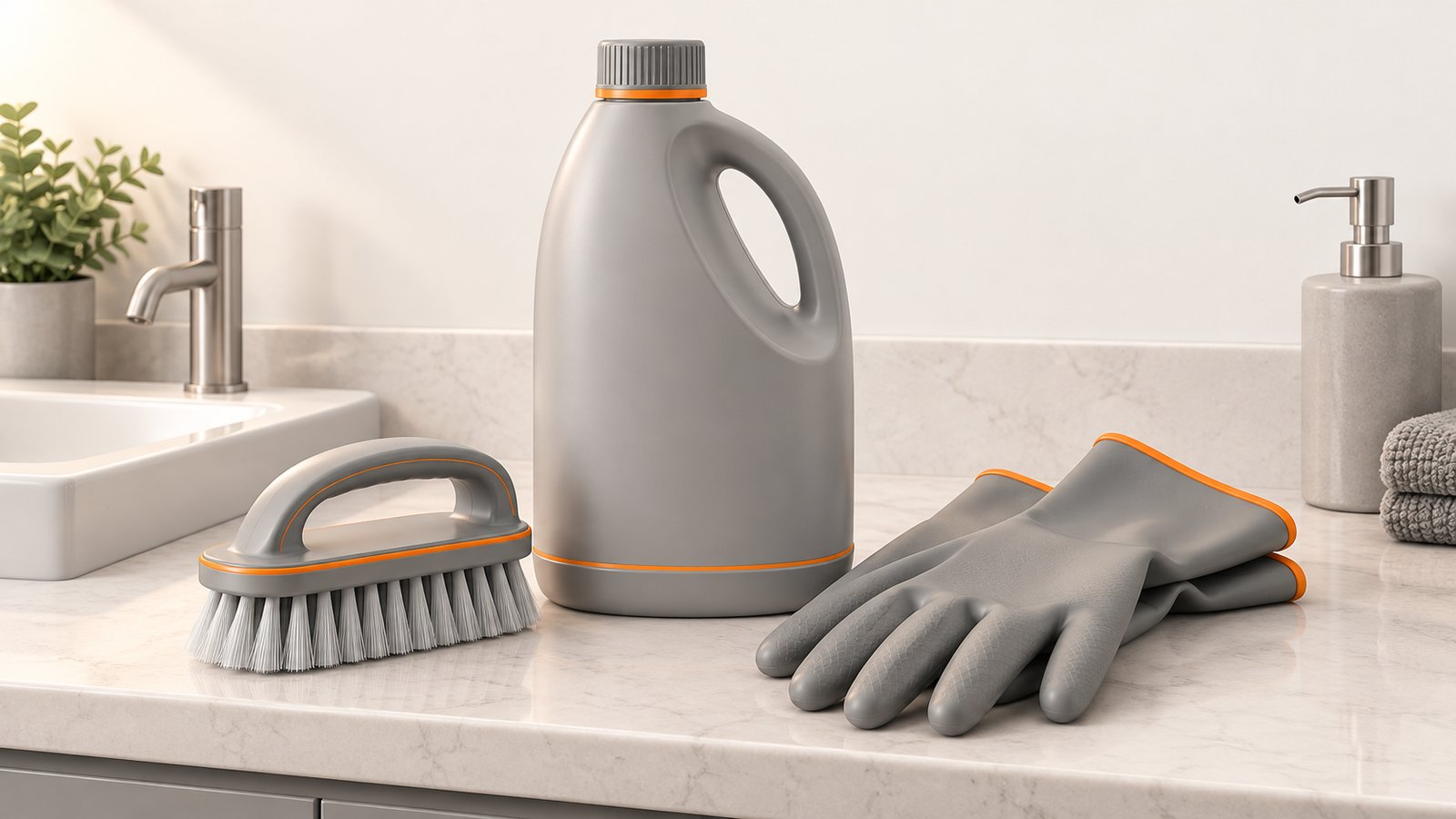 A clear plastic jug of household cleaner on a bathroom counter beside a scrub brush and a pair of rubber gloves